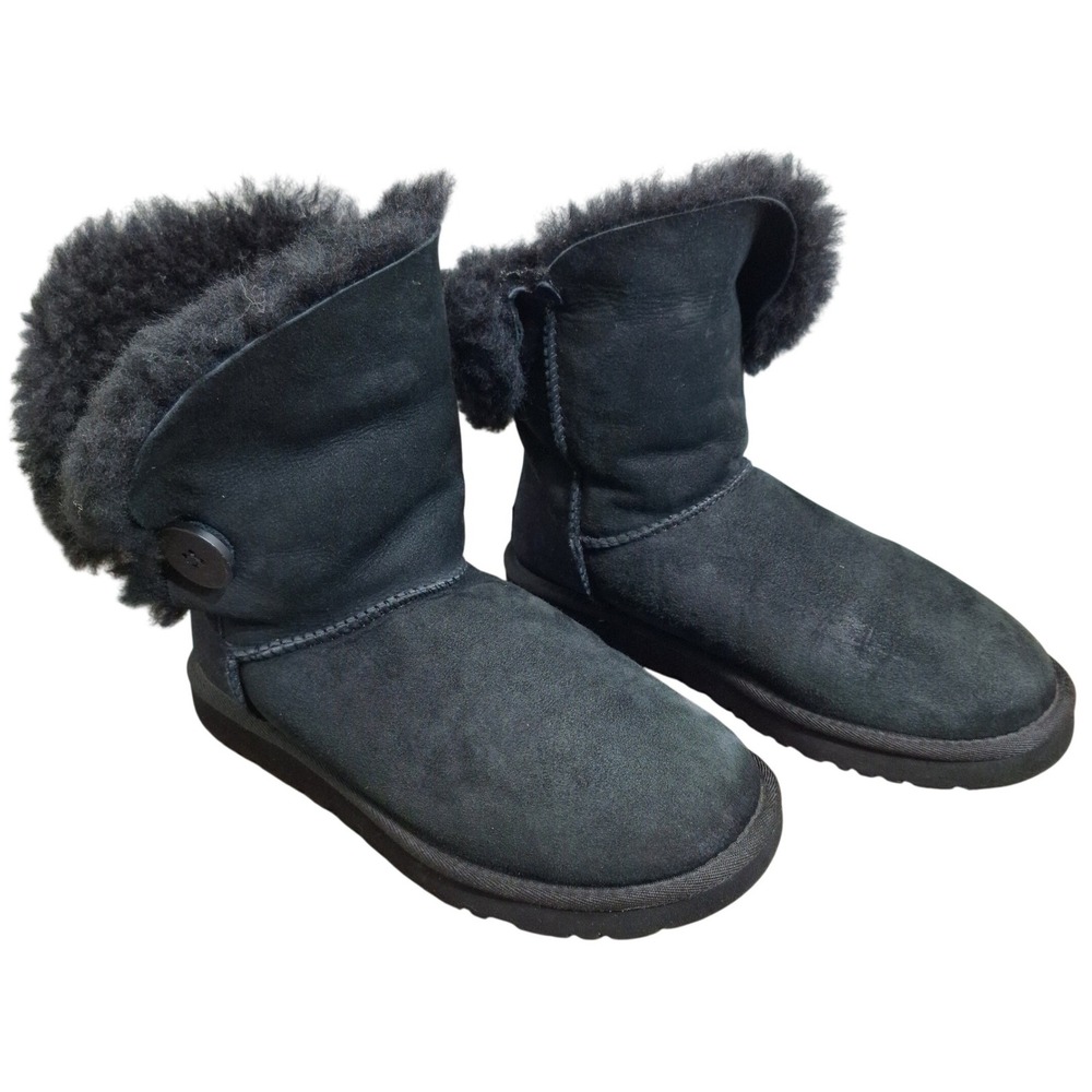UGG Australia Bailey Button Black Suede Shearling Boots Womens 5.5 Mid Calf 5803